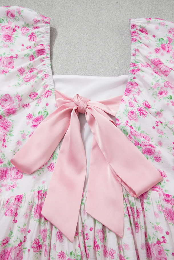 Pink Floral Print Square Neck Ribbon Knot Back Mini Dress