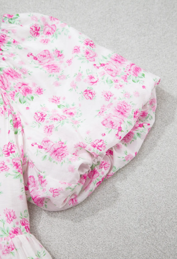 Pink Floral Print Square Neck Ribbon Knot Back Mini Dress