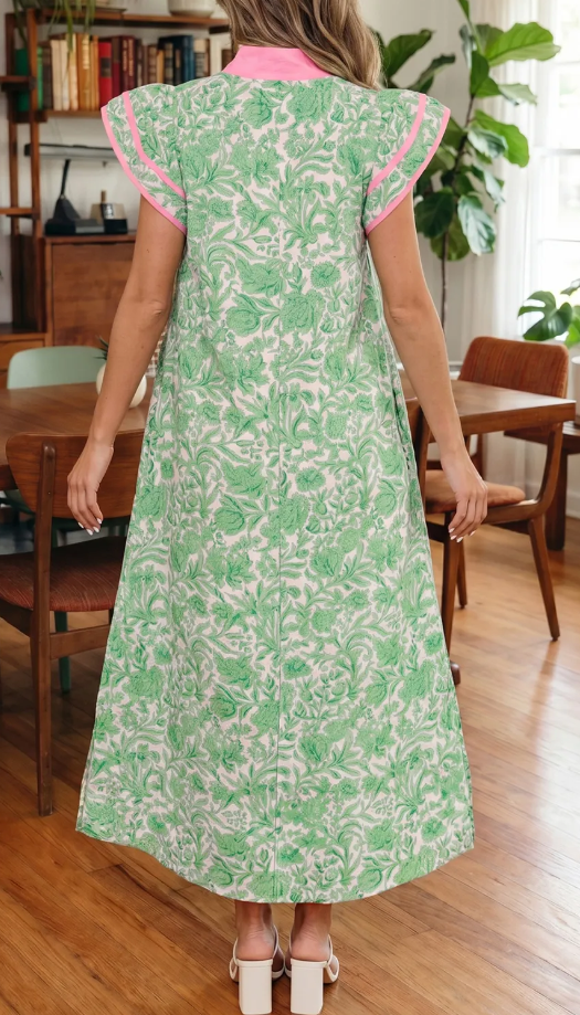 Green Floral Print Color Block Patchwork V Neck Short Sleeve Midi Dress