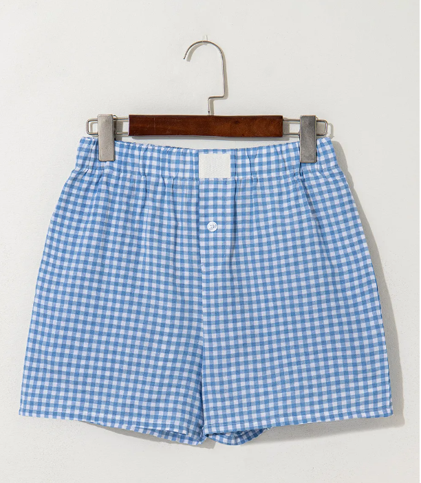 Blue Gingham Printed High Waist Shorts