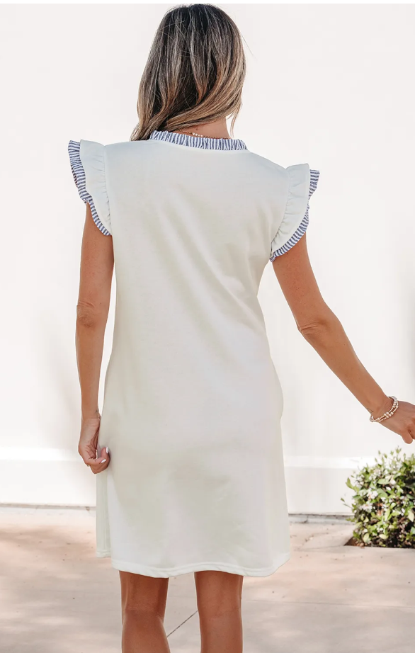White Contrasted Striped Patchwork Split Neck Ruffle Trim Sleeveless Dress