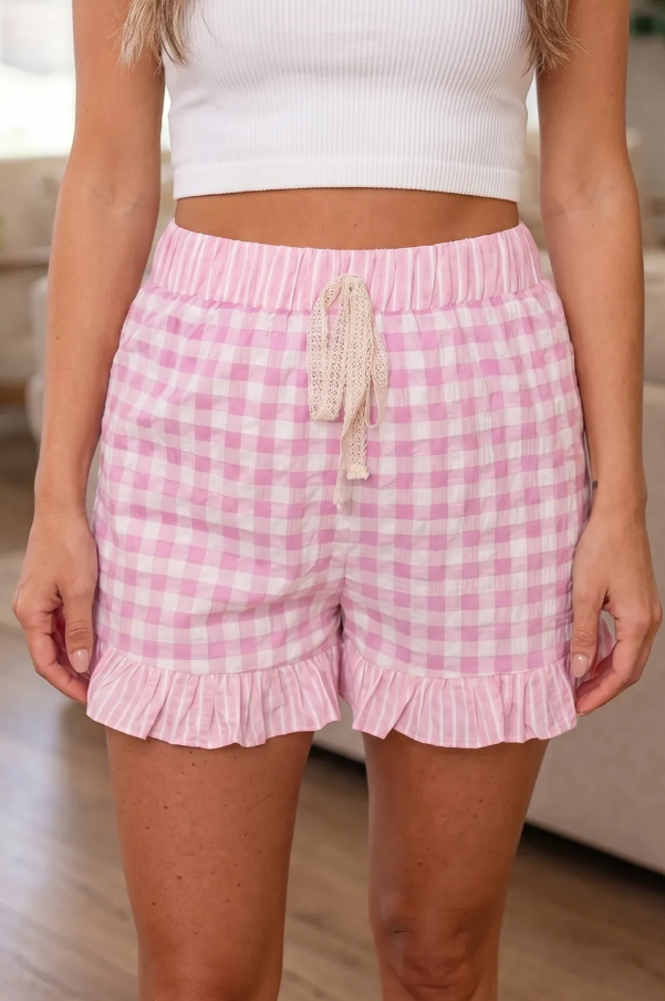 Pink Gingham Print Ruffle Striped Detail Lace Tie Shorts