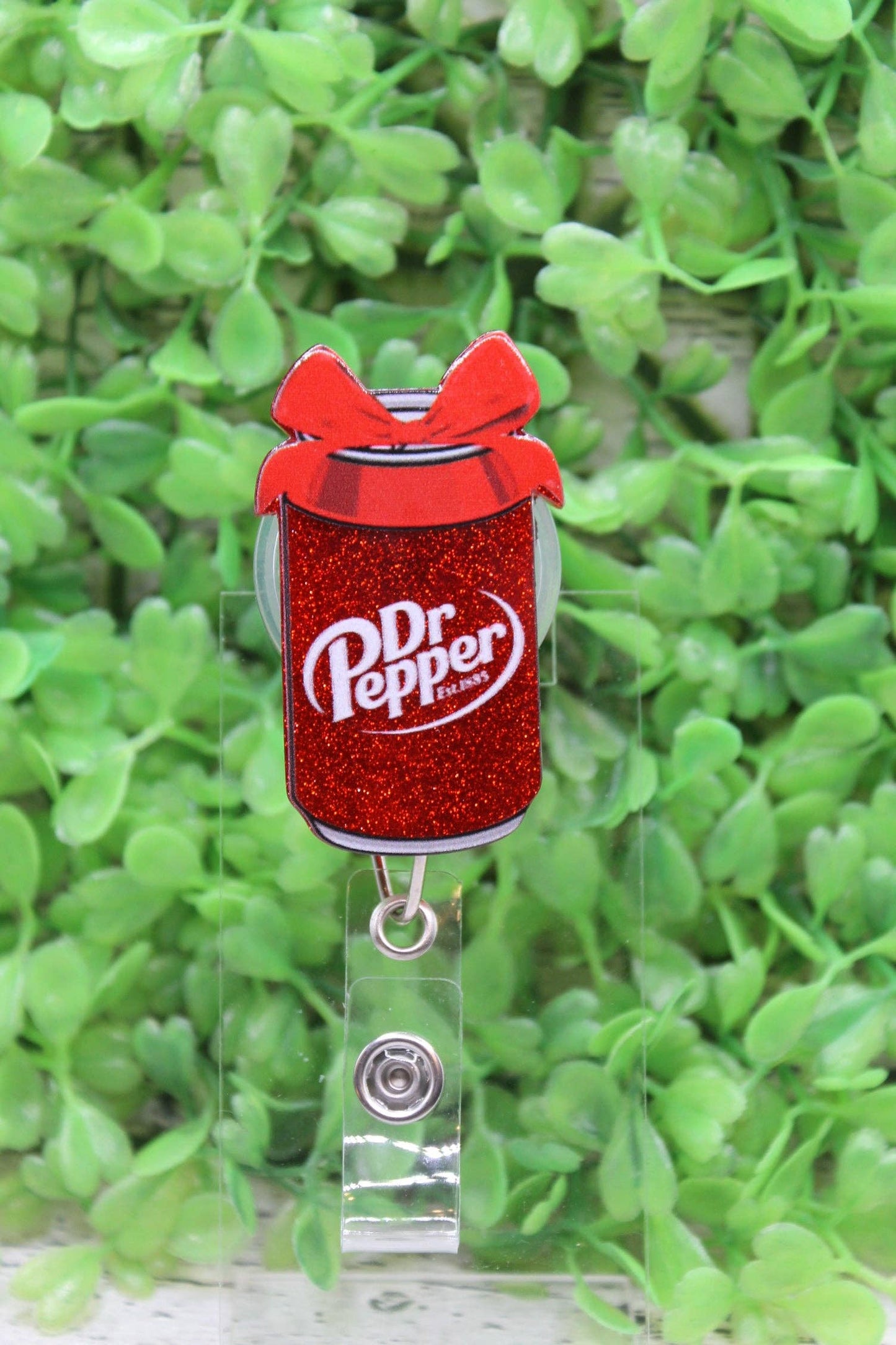 Red Bow Sparkle Dr Pepper Can Badge Reel